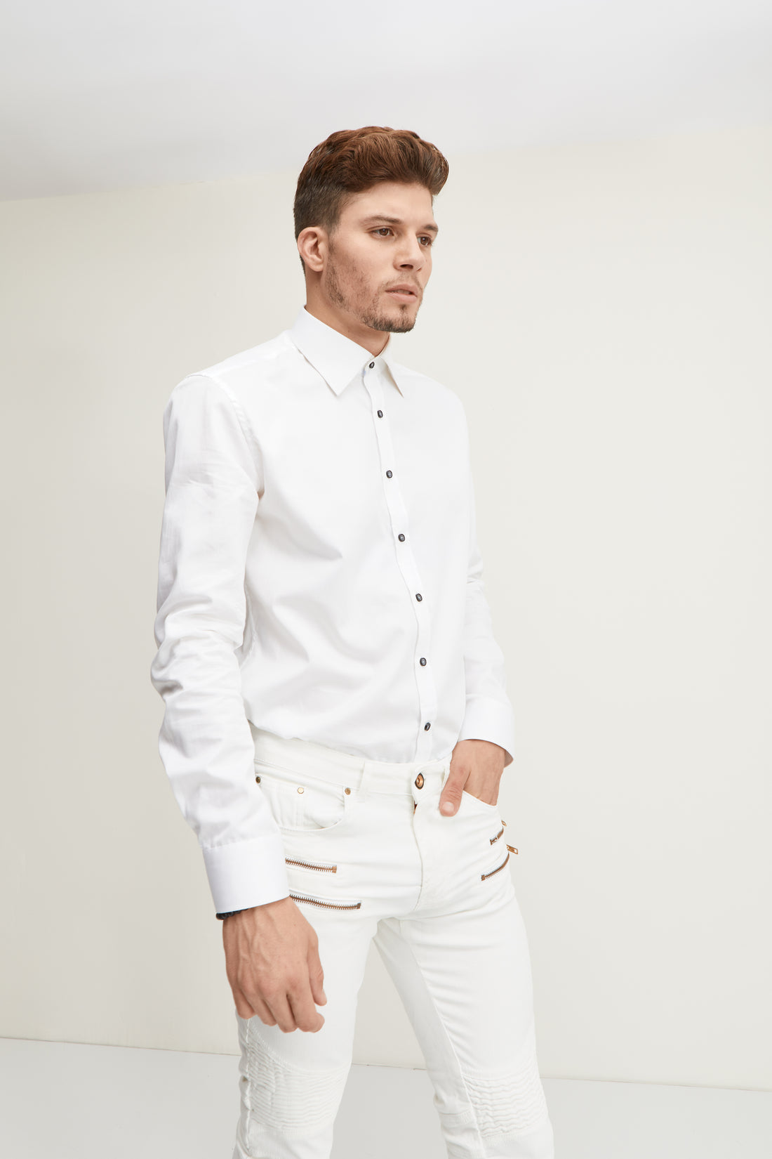 Pure Cotton Contrast button dress shirt - White Light Blue - Ron Tomson