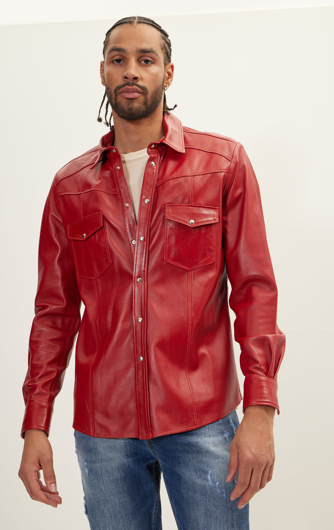 Genuine Lambskin Leather Shirt - Red
