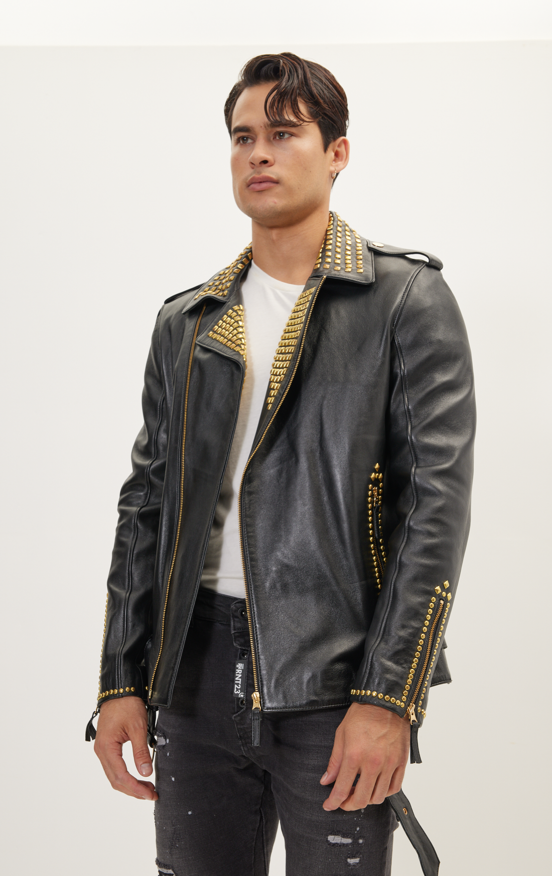 Studded Lambskin Leather Jacket  - Black Gold