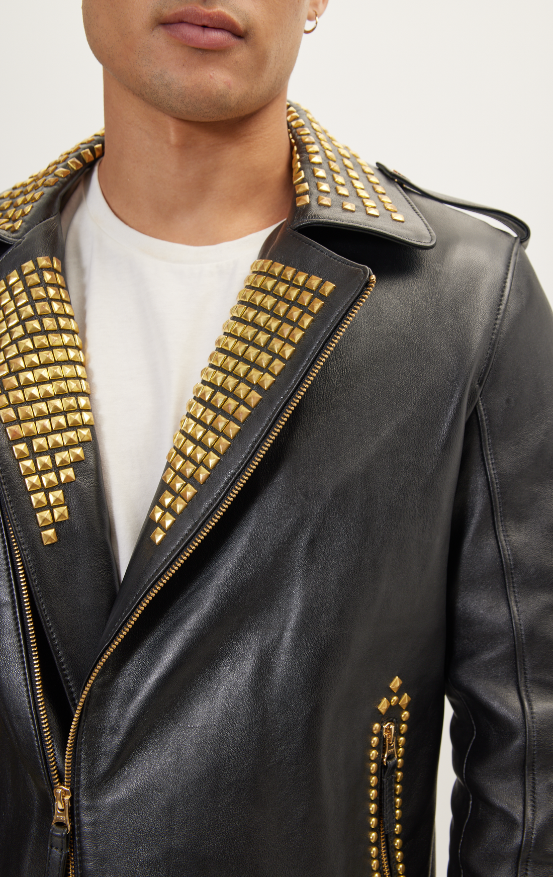 Studded Lambskin Leather Jacket  - Black Gold