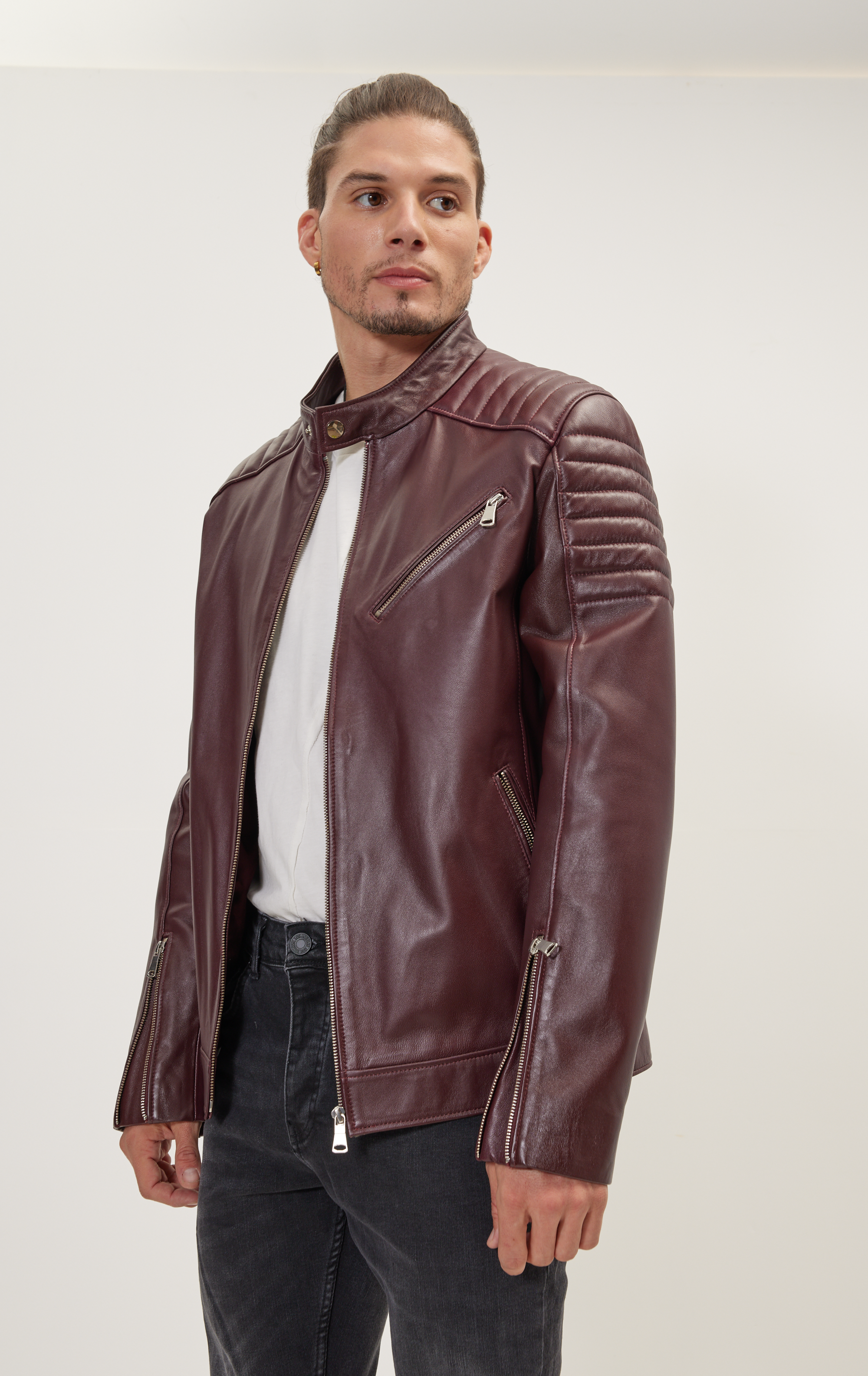 Burgundy faux leather biker jacket online
