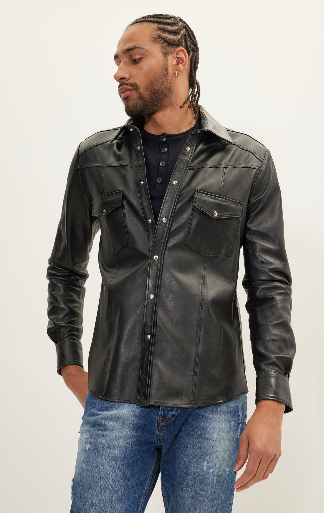 Genuine Lambskin Leather Shirt - Black