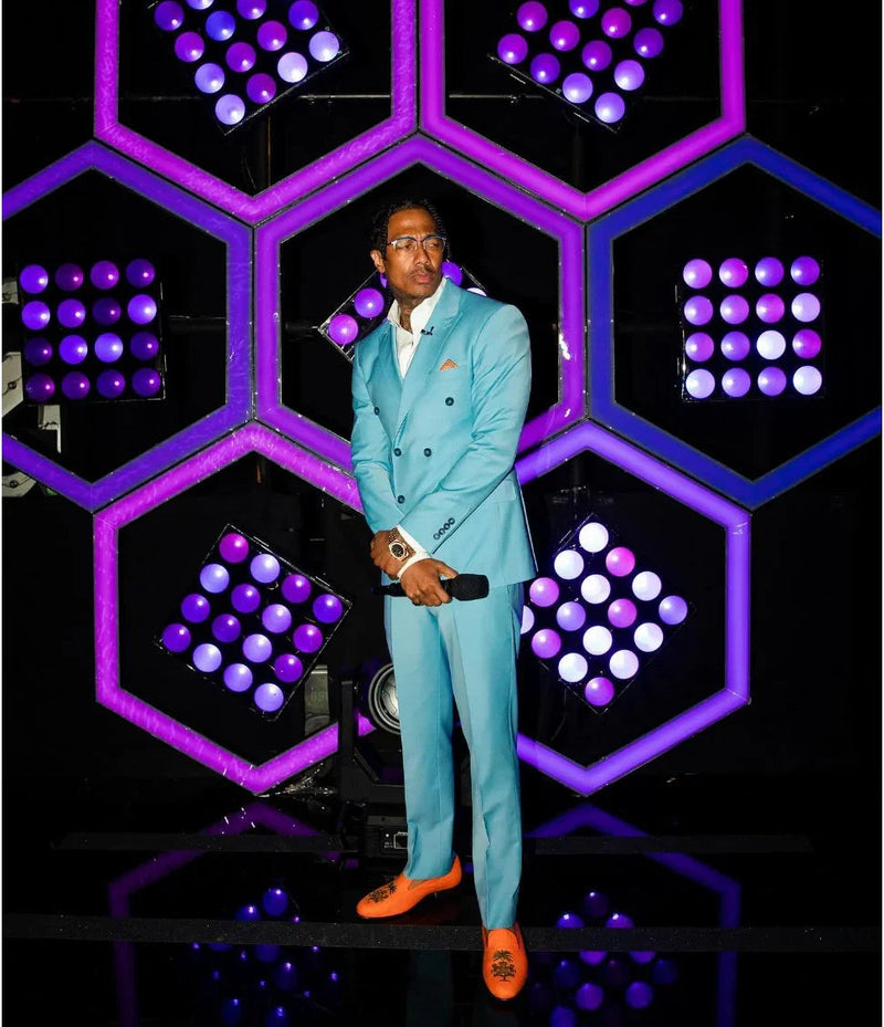 Nick Cannon in a Ron Tomson Super 120s Merino Wool Double Breasted Suit in Sky Blue on The Masked Singer