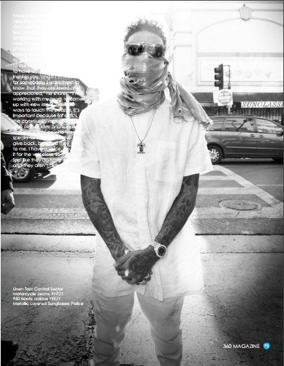 Rapper Tyga photographed in Ron Tomson RNT23 Quilted Skinny Washed Moto Jeans for 360 Magazine