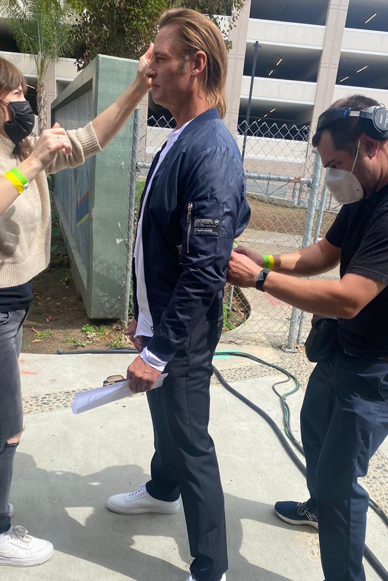 Josh Holloway wearing Ron Tomson leather jackets in the NFL Rams 2022 Hollywood-style draft trailer