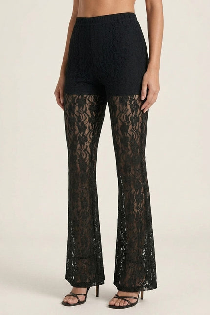 Allover Lace Flare Pants - Black - Angle
