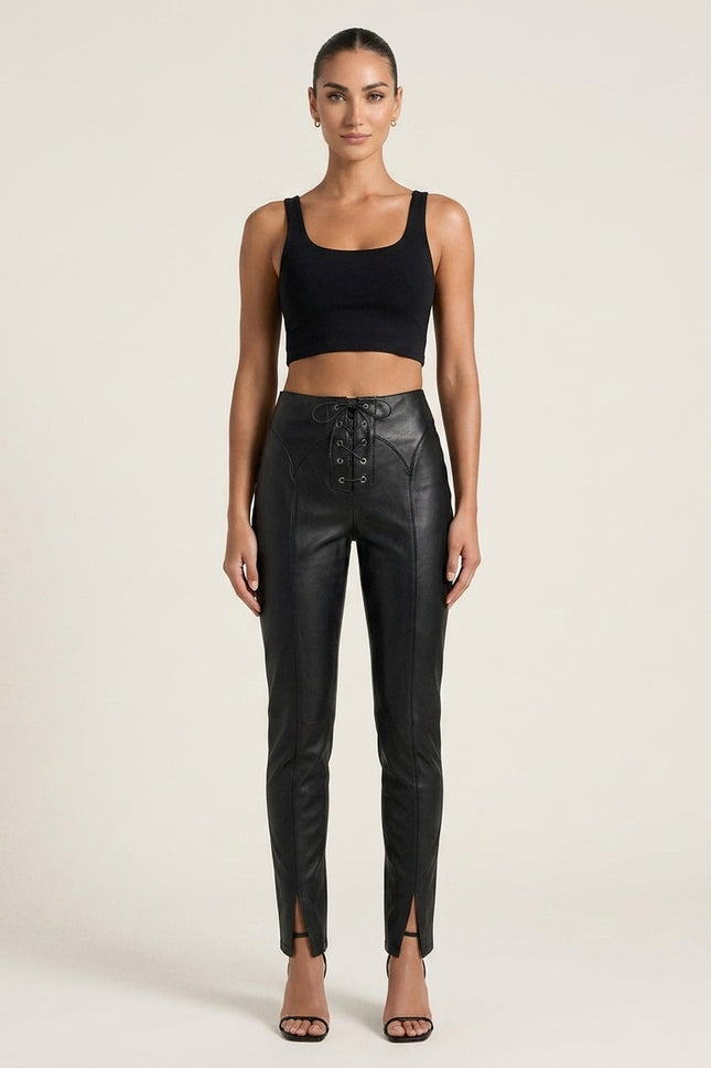 Lambskin Leather Lace-up Pants - Black - Front