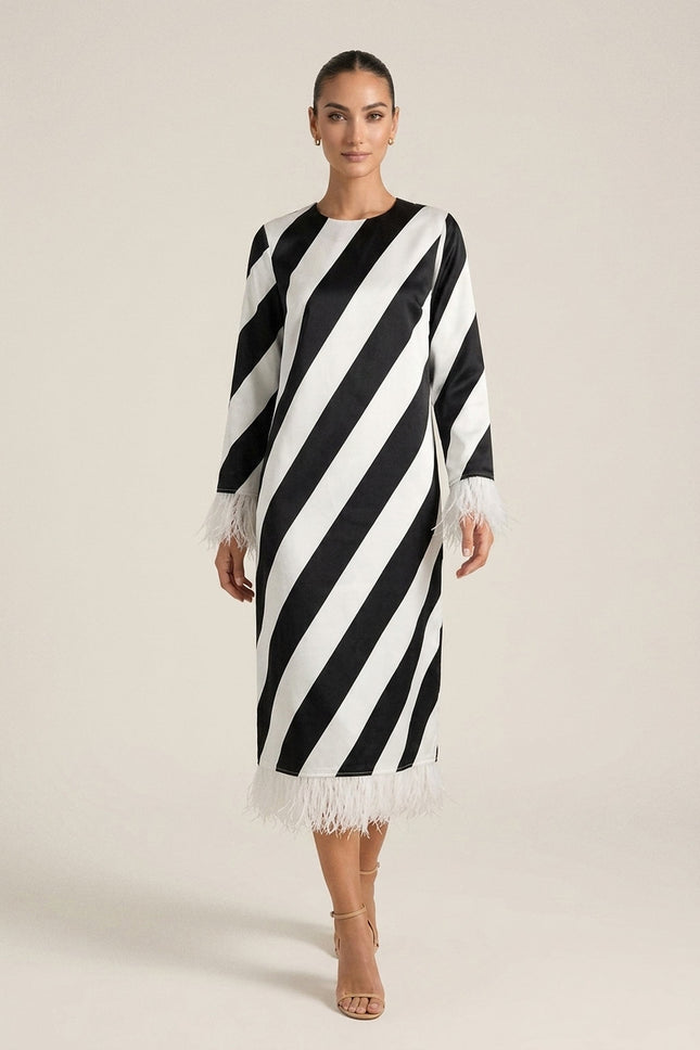Fringe Stripe Maxi Dress - Black White - Front