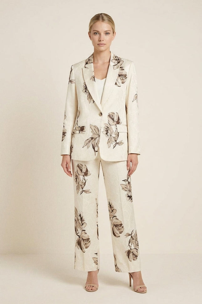 Floral Single-Breasted Suit - White Beige - Front