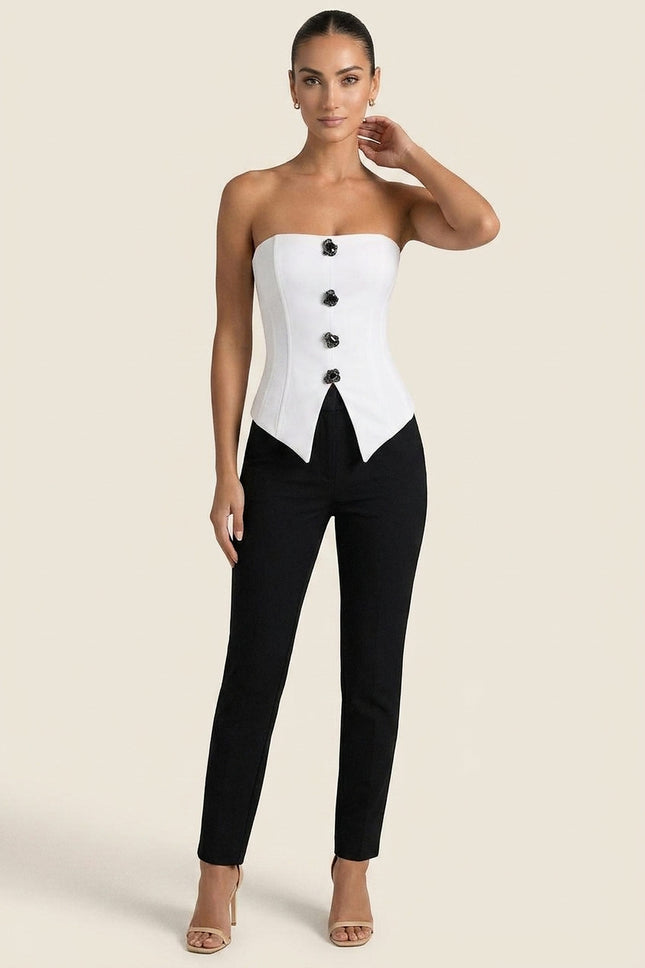 Button-Detail Strapless Top - White - Front