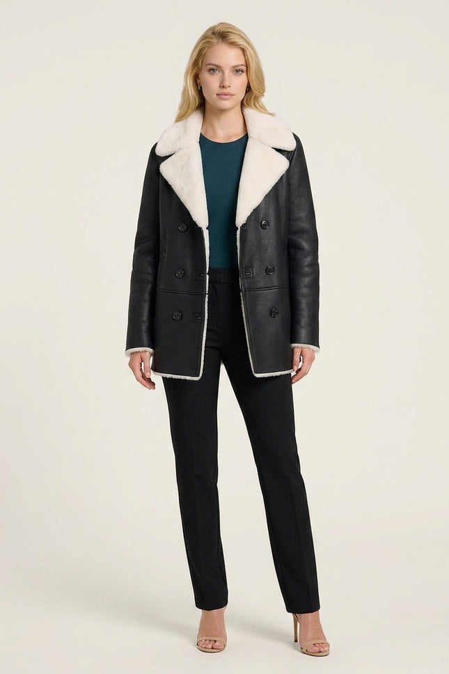 Shearling Collar Double Breasted Leather Jacket - Black - Front