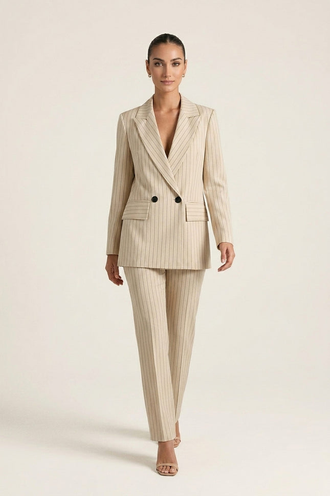 Pinstripe Peak Lapel Suit - Beige - Front