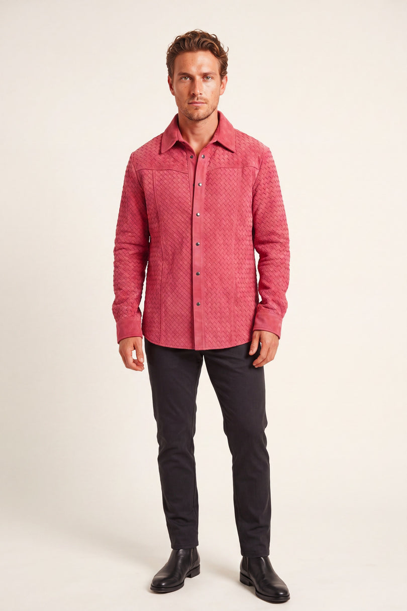 Men's Woven Leather Shirt - Pink