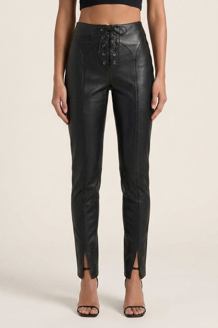 Lambskin Leather Lace-up Pants - Black - Front detail