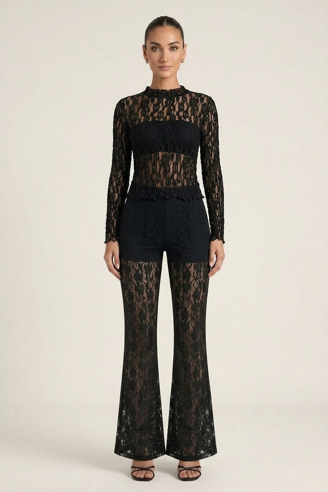 Allover Lace Flare Pants - Black - Full look