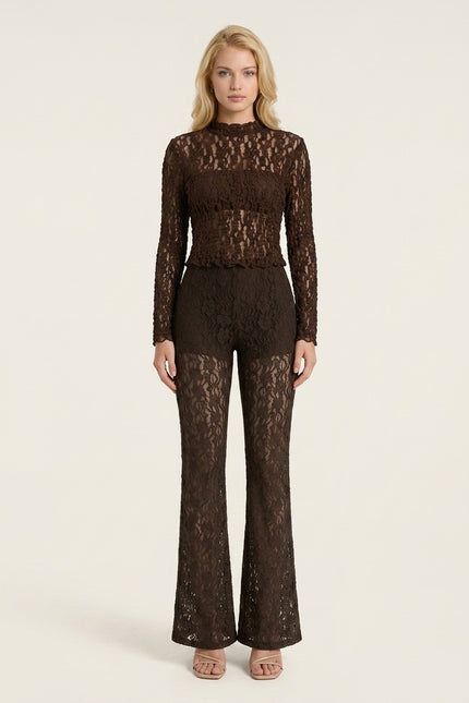 Allover Lace Flare Pants - Brown - Full look