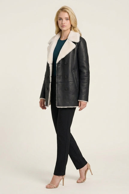 Shearling Collar Double Breasted Leather Jacket - Black - Side