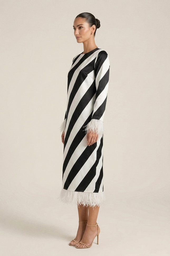 Fringe Stripe Maxi Dress - Black White - Side