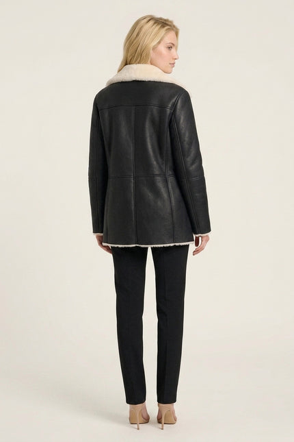 Shearling Collar Double Breasted Leather Jacket - Black - Back