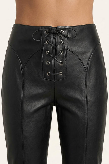 Lambskin Leather Lace-up Pants - Black - Lace-up closure detail