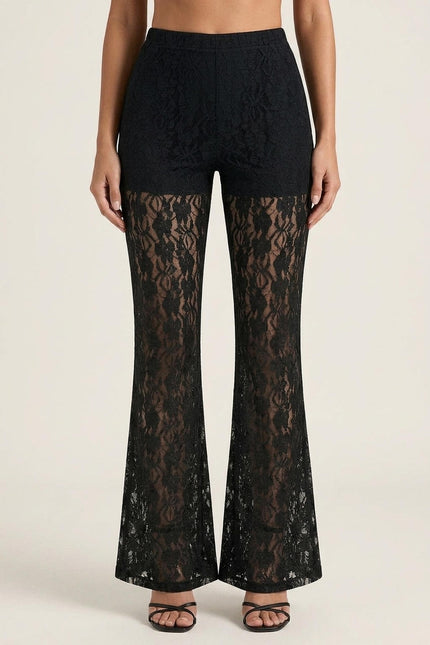 Allover Lace Flare Pants - Black - Front