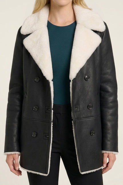 Shearling Collar Double Breasted Leather Jacket - Black - Detail