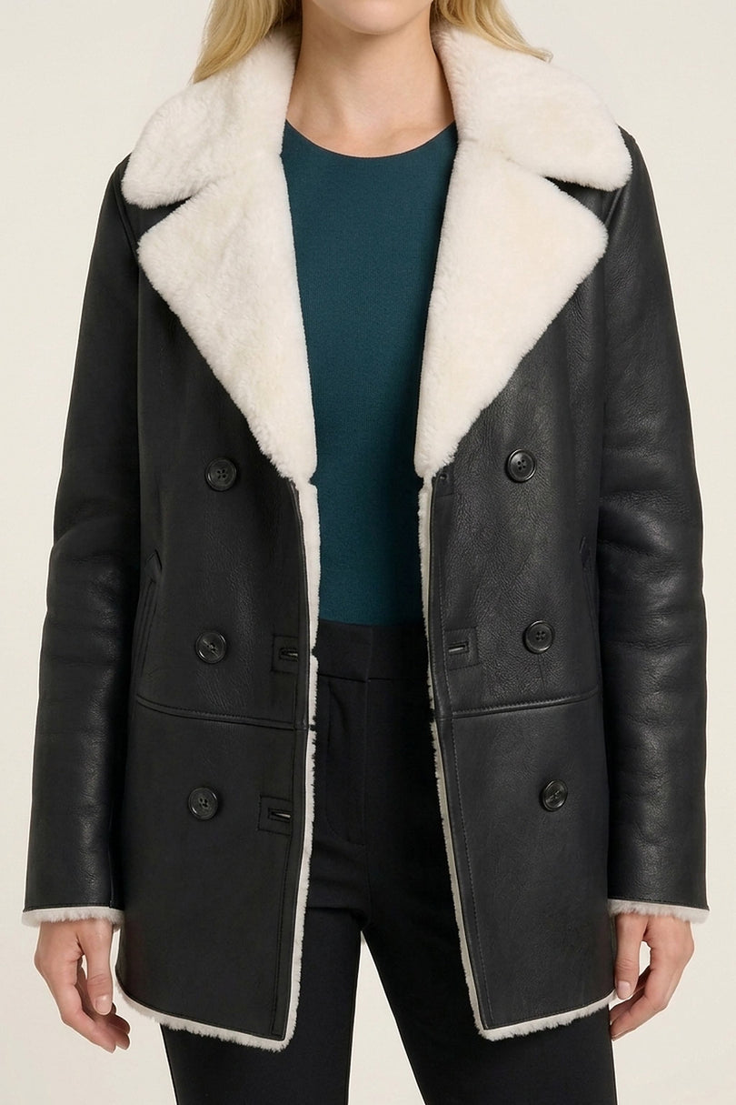Shearling Collar Double Breasted Leather Jacket - Black - Detail