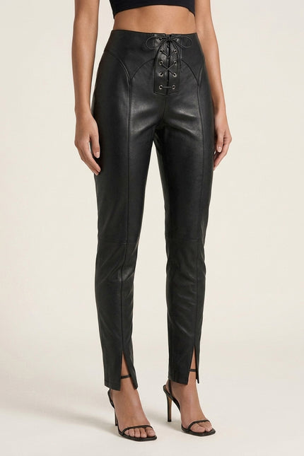 Lambskin Leather Lace-up Pants - Black - Front angle