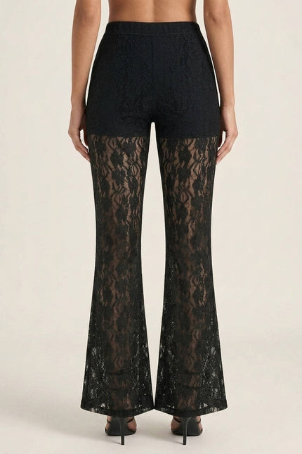 Allover Lace Flare Pants - Black - Back