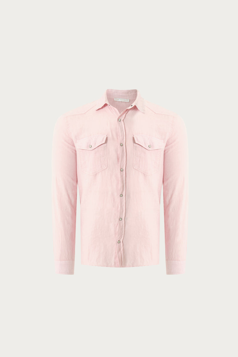 Men's Fitted Snap Western Linen Shirt - Pink | Ron Tomson