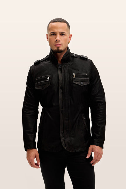 Lambskin Suede Epaulette Field Jacket - Black