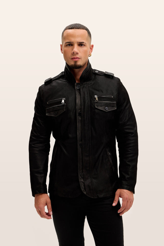Lambskin Suede Epaulette Field Jacket - Black
