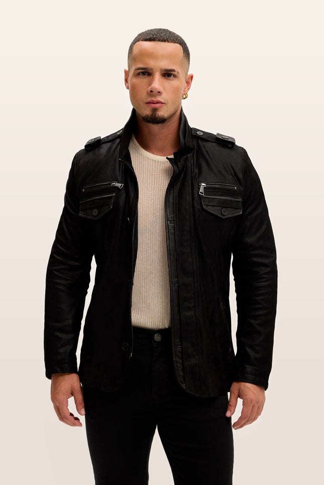 Lambskin Suede Epaulette Field Jacket - Black