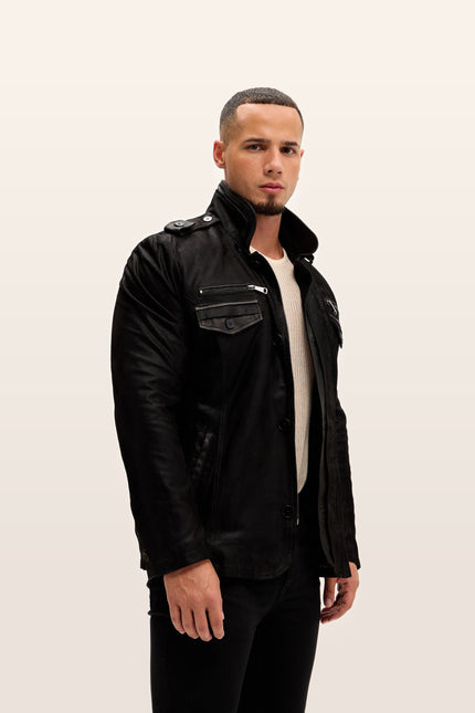 Lambskin Suede Epaulette Field Jacket - Black