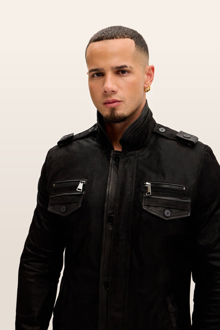 Lambskin Suede Epaulette Field Jacket - Black