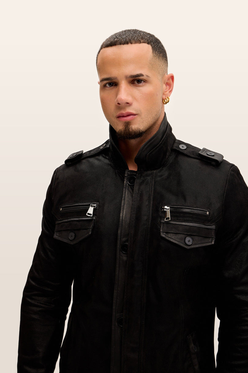 Lambskin Suede Epaulette Field Jacket - Black