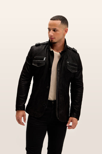 Lambskin Suede Epaulette Field Jacket - Black
