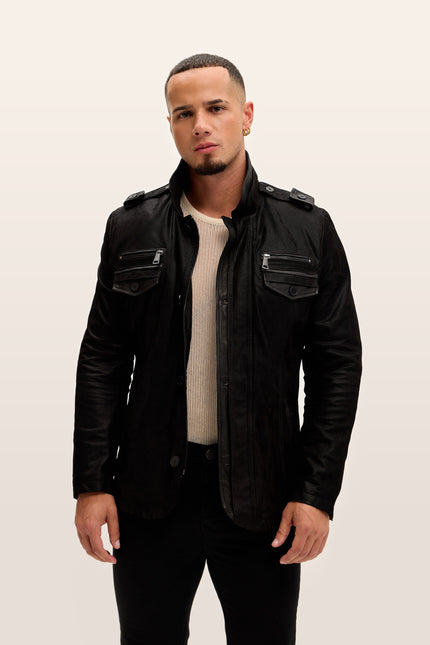Lambskin Suede Epaulette Field Jacket - Black