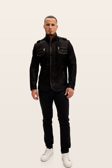 Lambskin Suede Epaulette Field Jacket - Black