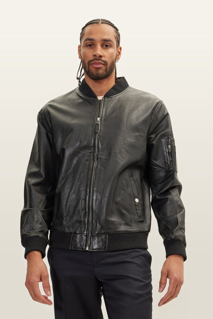 Lambskin Leather Bomber Jacket - Black