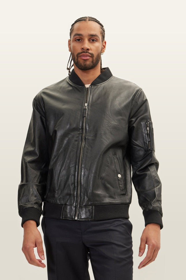 Lambskin Leather Bomber Jacket - Black