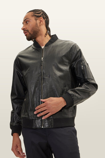 Lambskin Leather Bomber Jacket - Black