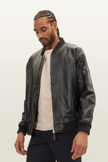 Lambskin Leather Bomber Jacket - Black