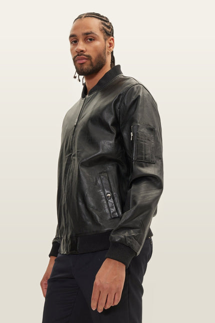 Lambskin Leather Bomber Jacket - Black