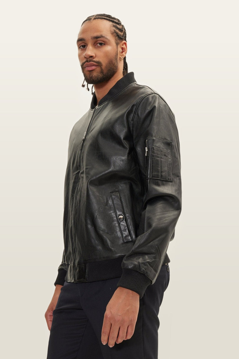 Lambskin Leather Bomber Jacket - Black