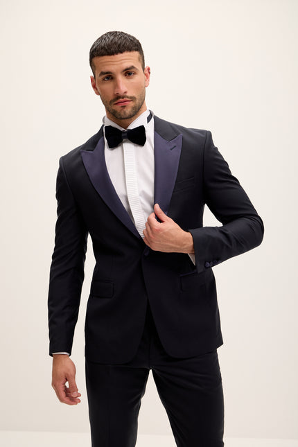 Men's Peak Lapel Wool Tuxedo - Dark Navy | Ron Tomson