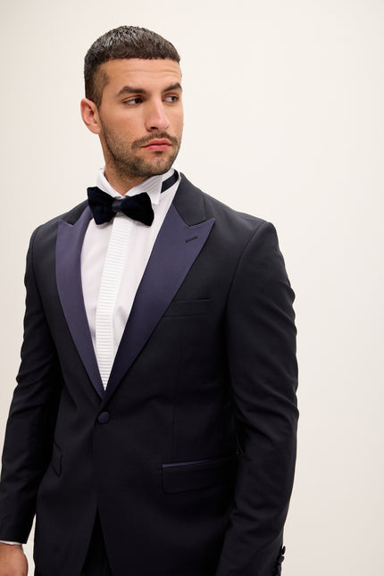 Men's Peak Lapel Wool Tuxedo - Dark Navy | Ron Tomson