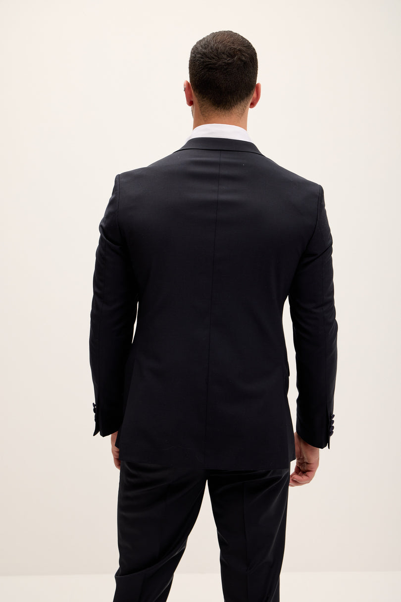 Men's Peak Lapel Wool Tuxedo - Dark Navy | Ron Tomson