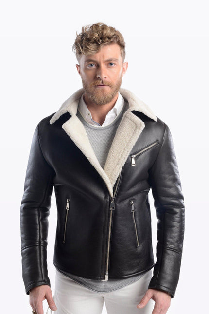 Shearling Lined Leather Flight Jacket - Black