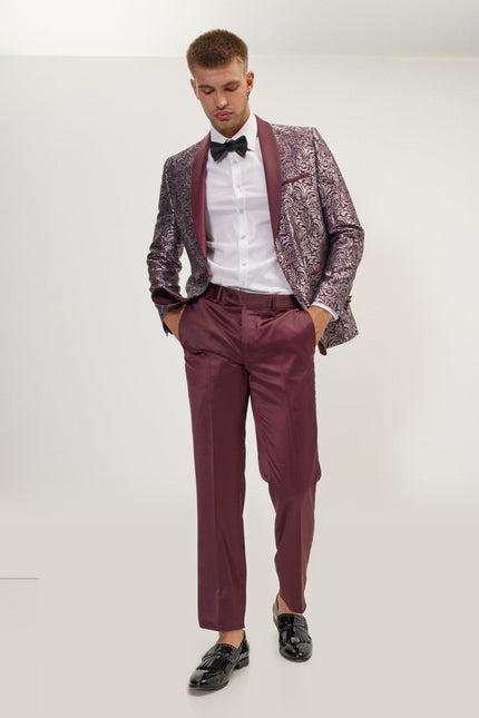 Shawl Lapel Metalic Paisley Tuxedo Jacket - Silver Burgundy